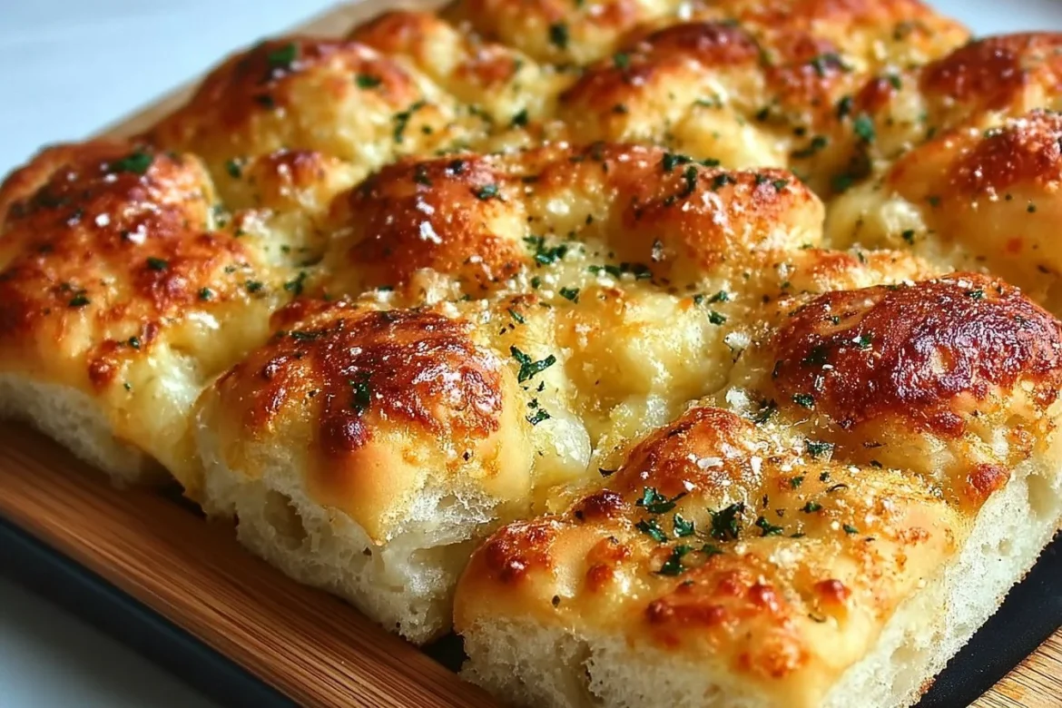 Cheesy garlic bread focaccia garnished with herbs and melted cheese
