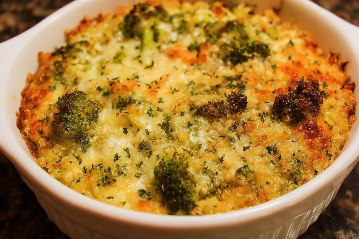 Cheesy Quinoa Broccoli Casserole served in a bowl with melted cheese on top.