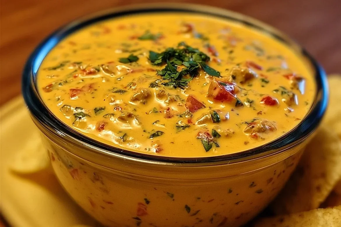 Delicious bowl of Cheesy Rotel Ranch Queso with tortilla chips