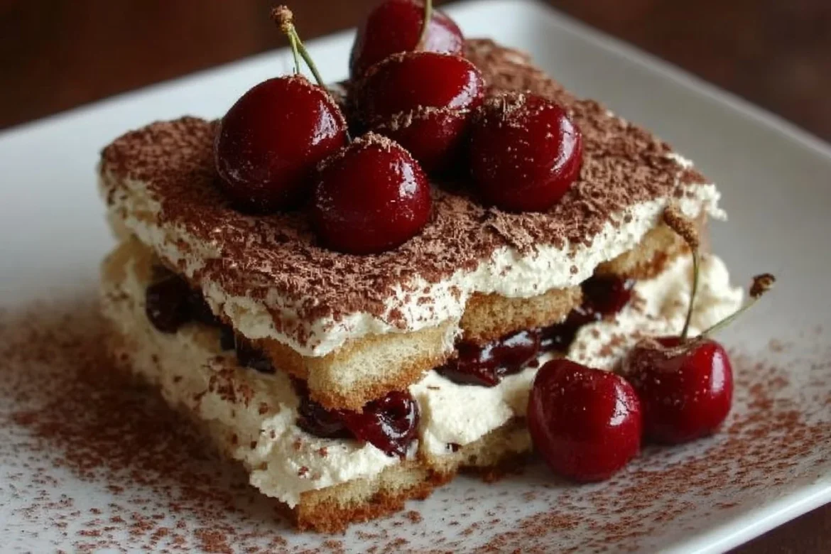 Delicious Cherry Amaretto Tiramisu dessert stacked with cherries and creamy layers
