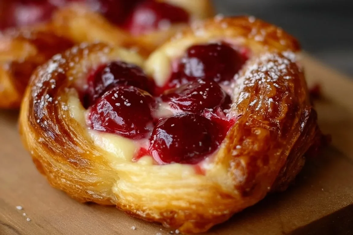 Freshly baked Cherry Cheese Danish pastry with vibrant cherries and cream cheese filling
