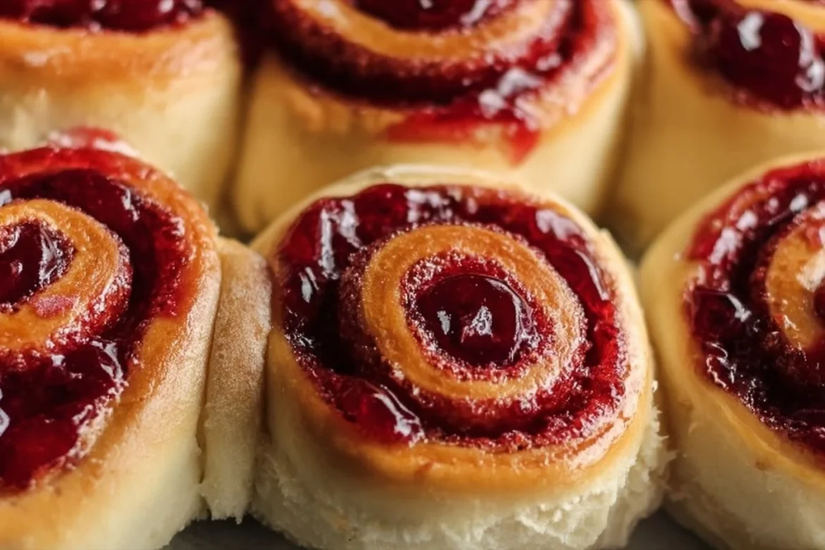 Freshly baked Cherry Cinnamon Rolls with cherry topping and cinnamon swirl