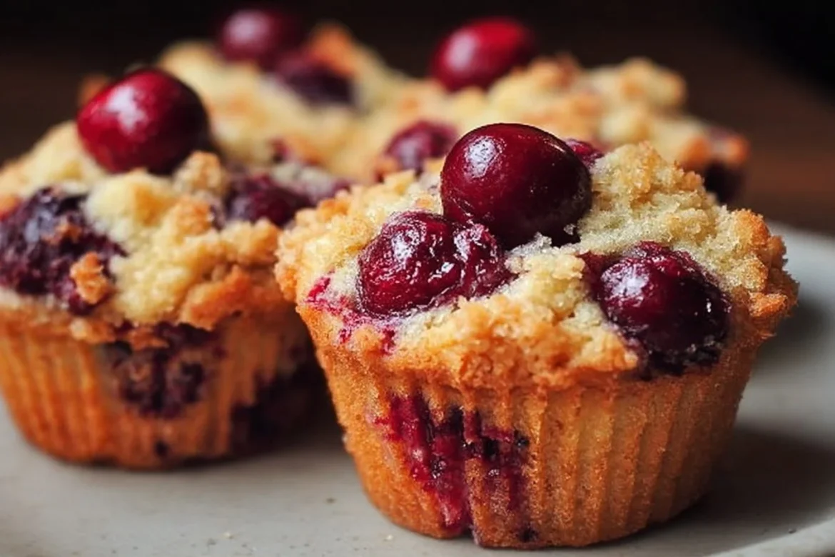 Delicious cherry cobbler muffins topped with fresh cherries and a crumbly topping