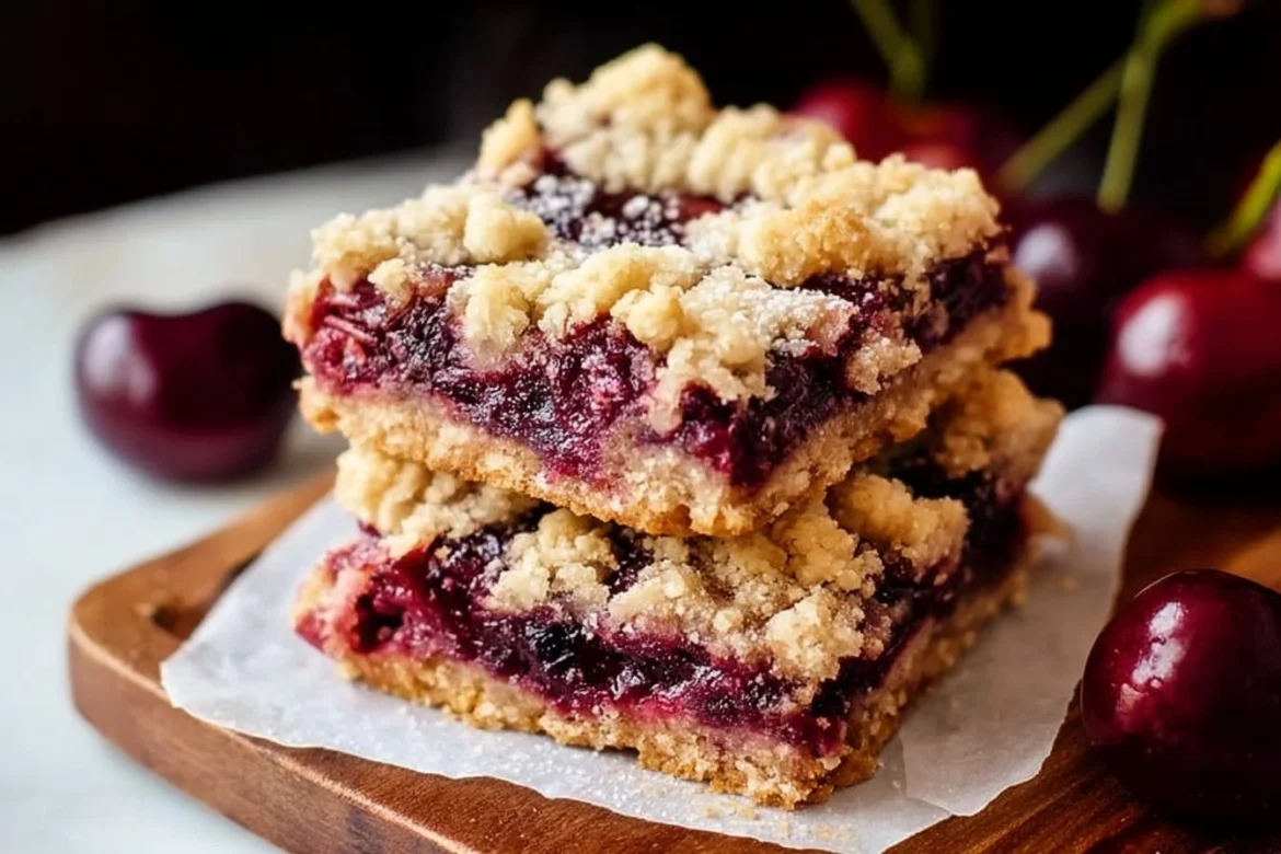 Freshly baked cherry crumb bars with a golden crumb topping and cherry filling
