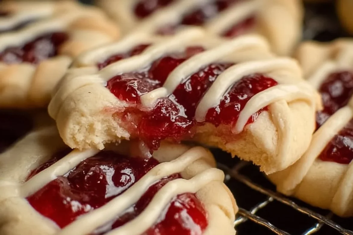 Freshly baked cherry pie cookies on a cooling rack