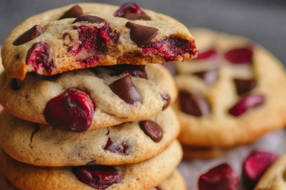 Chewy cherry chocolate chip cookies with mocha chips on a plate