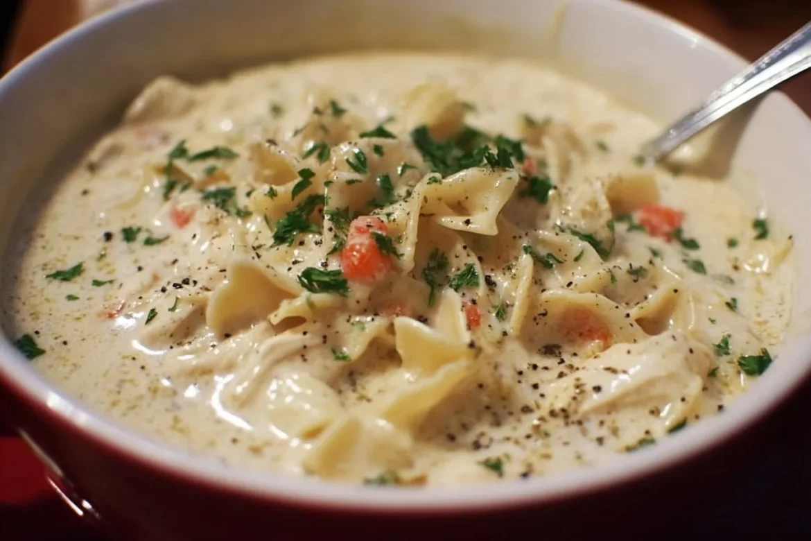 Creamy Chicken Alfredo Soup served in a bowl with parsley garnish