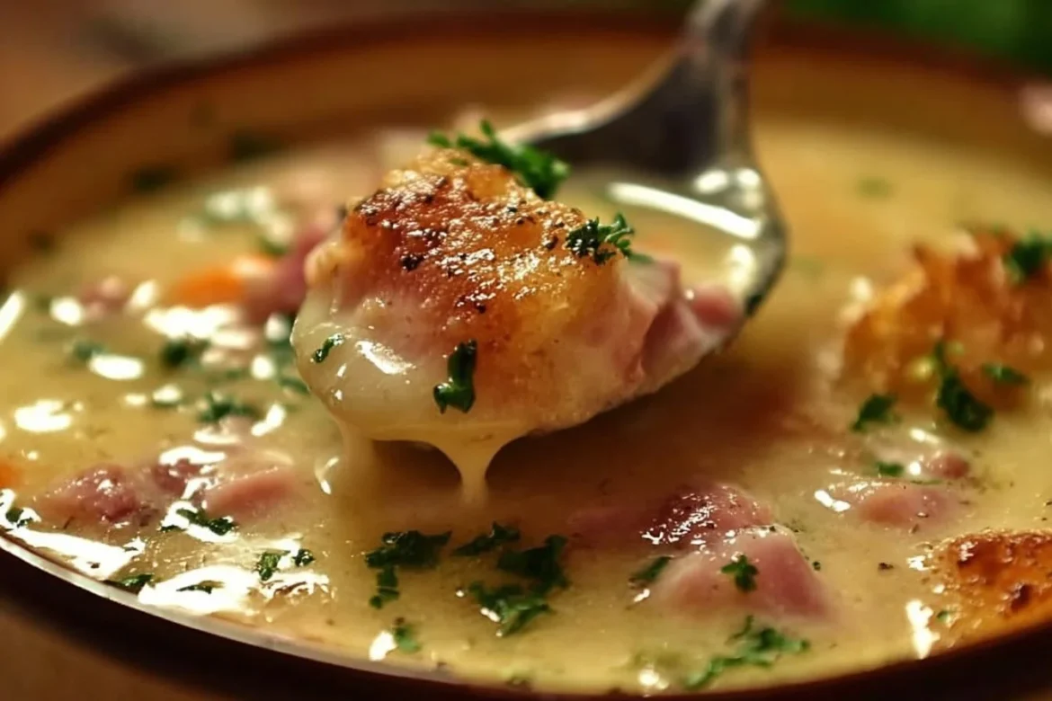 Delicious Chicken Cordon Bleu Soup garnished with herbs in a bowl