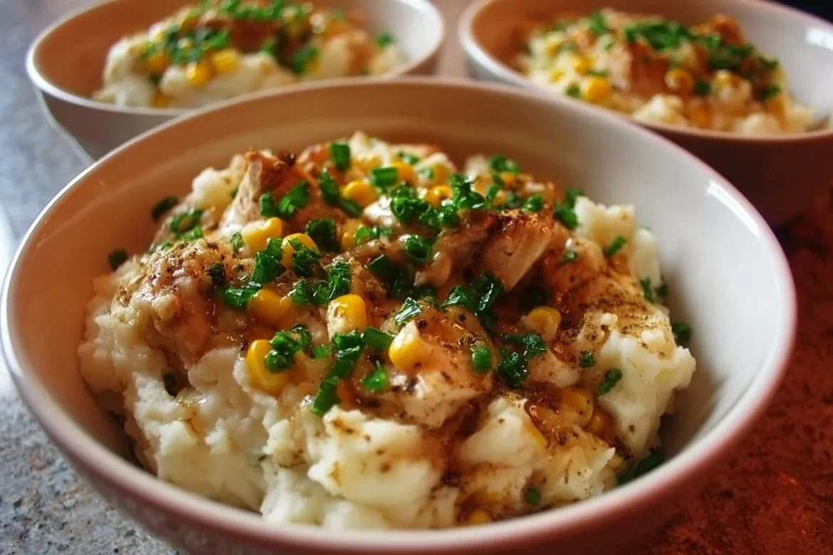 Delicious Chicken Mashed Potato Bowls with grilled chicken and creamy mashed potatoes