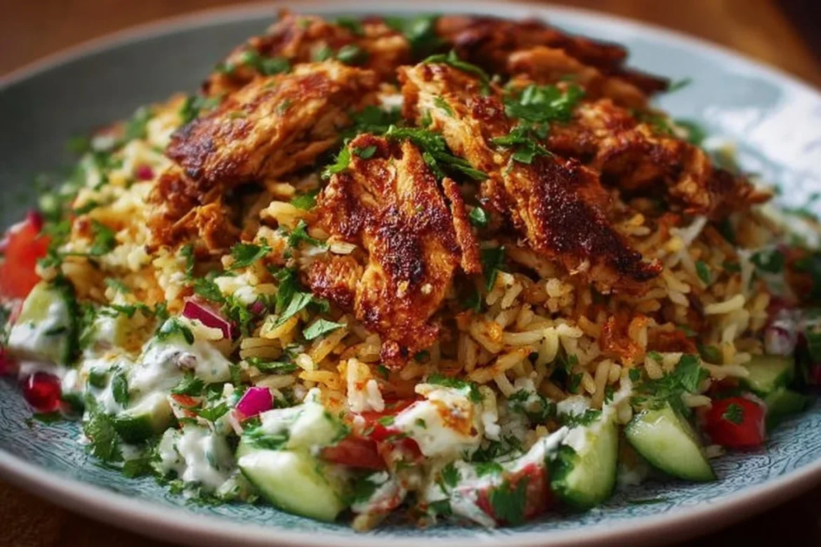 Chicken Shawarma Crispy Rice Salad served in a bowl with vibrant vegetables