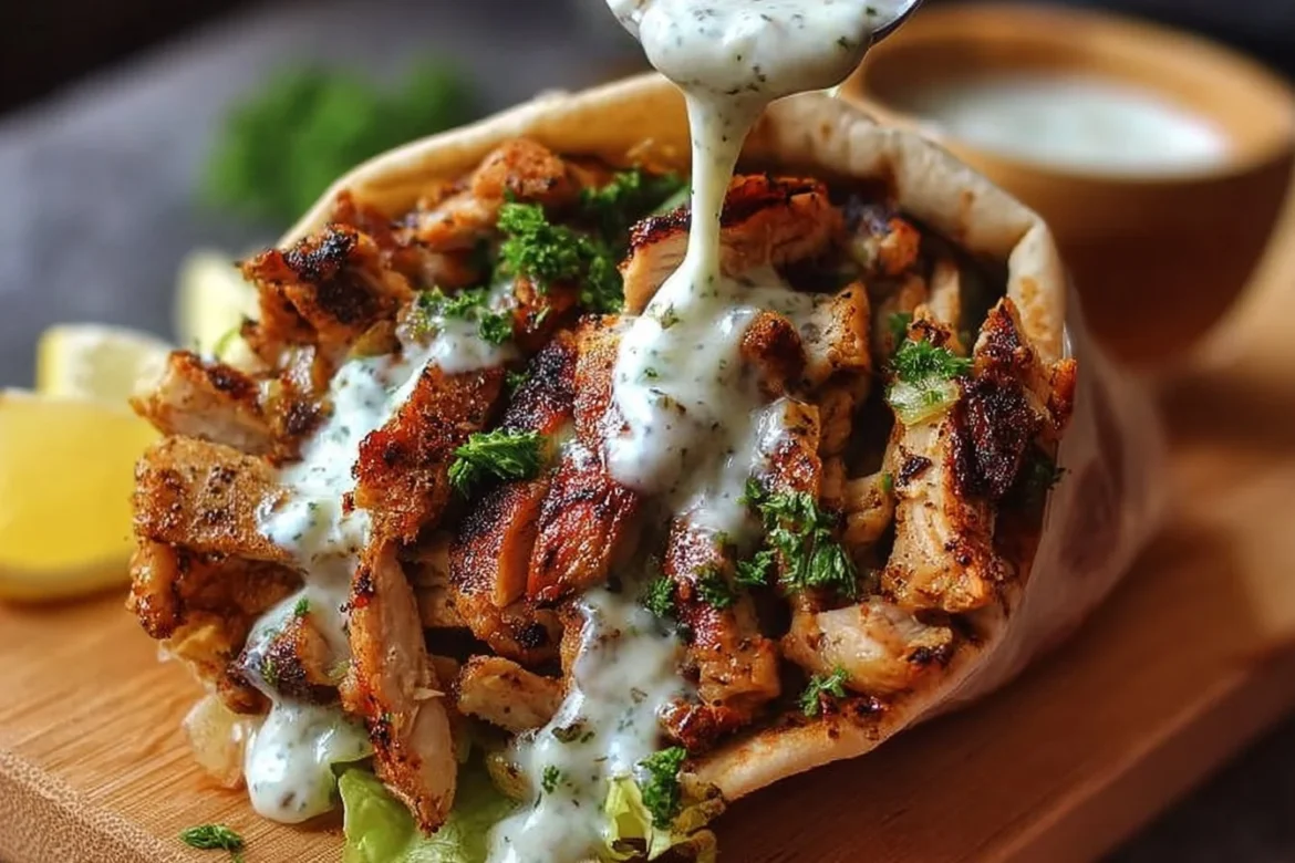 Chicken Shawarma with Garlic Sauce plated with fresh vegetables and pita.