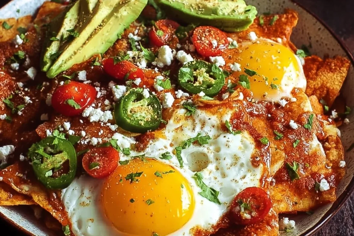 Delicious plate of chilaquiles topped with salsa, cheese, and avocado
