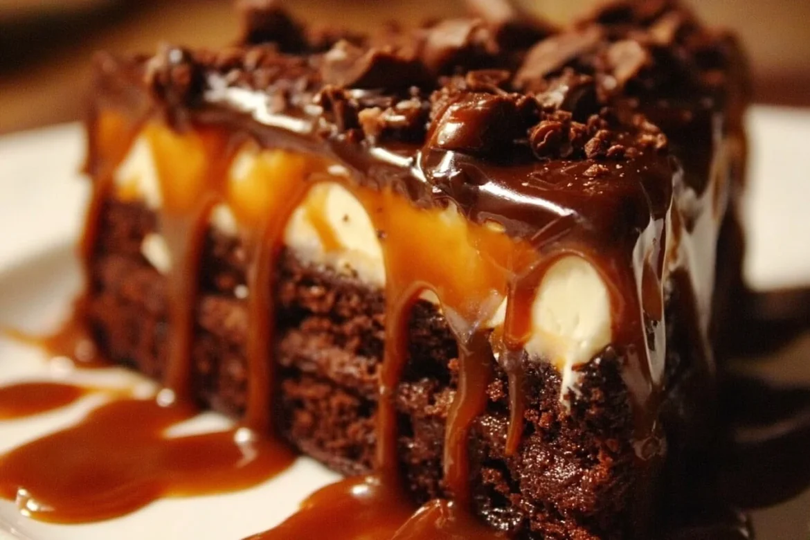 Delicious Chocolate Caramel Cake with layers of chocolate and caramel drizzle