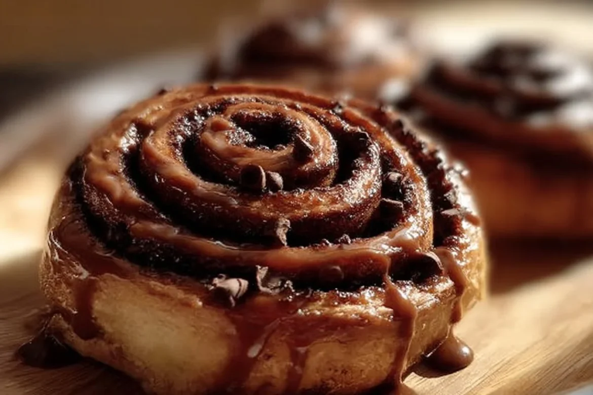 Deliciously baked chocolate cinnamon rolls, drizzled with icing.