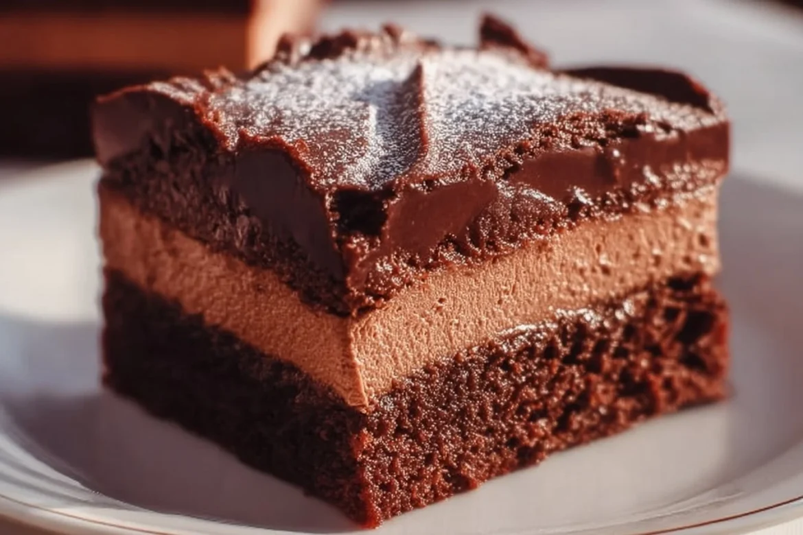 Delicious Chocolate Mousse Brownies topped with creamy mousse and chocolate shavings.