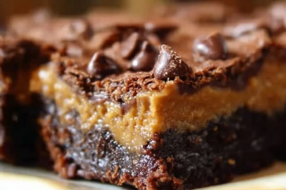Delicious chocolate peanut butter ooey gooey butter bars on a plate