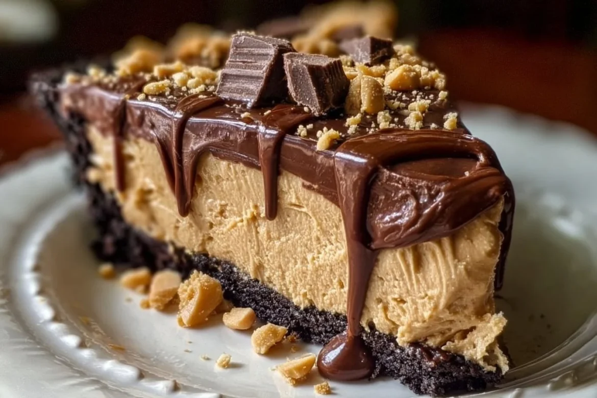 Delicious Chocolate Peanut Butter Pie topped with chocolate and peanut butter drizzle