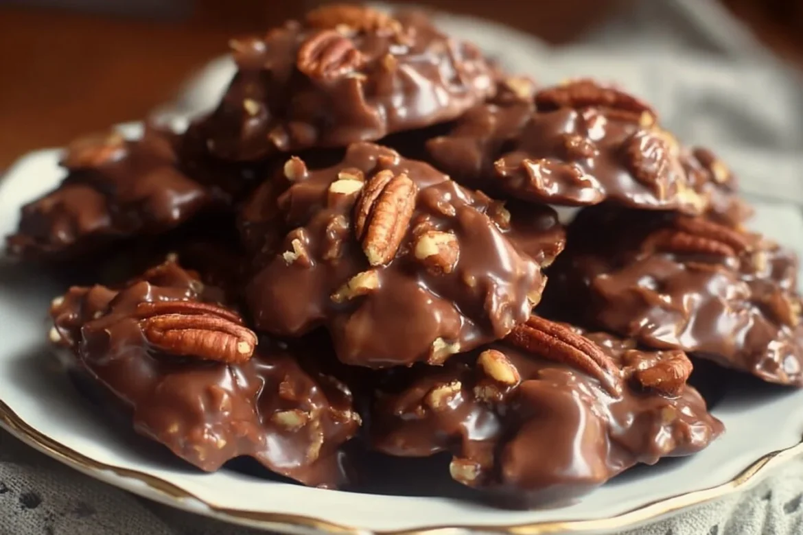 Homemade chocolate pecan turtle clusters with caramel and pecans