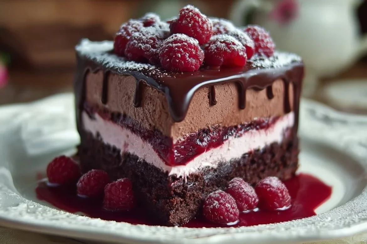 Decadent Chocolate Raspberry Mousse Cake with fresh raspberries and chocolate layers.
