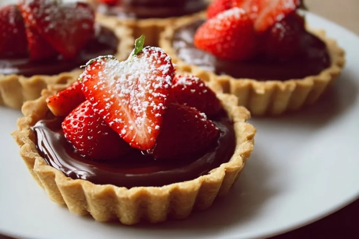 Delicious chocolate strawberry tarts topped with fresh strawberries