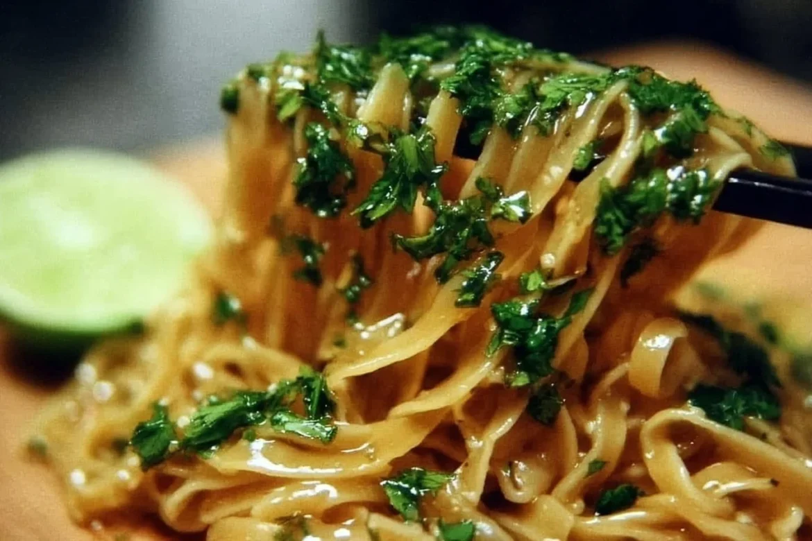 Delicious bowl of cilantro lime noodles topped with fresh herbs and lime