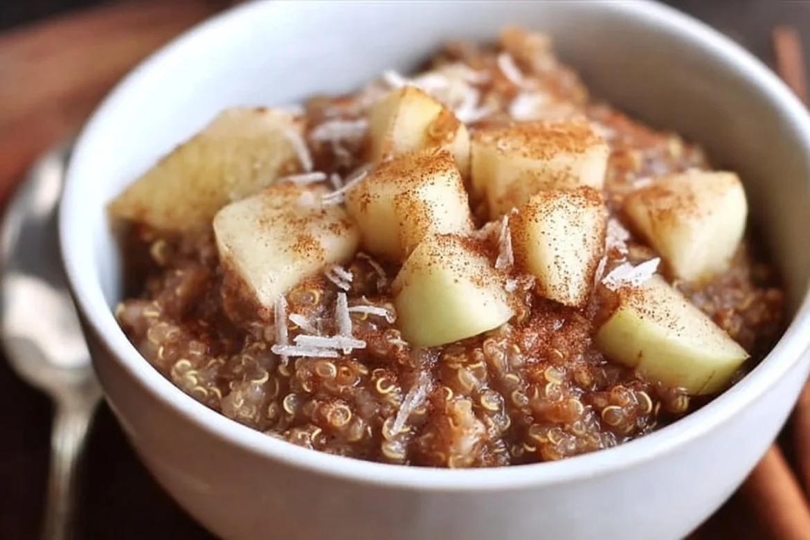 Bowl of cinnamon apple breakfast quinoa topped with fresh apple slices and cinnamon.
