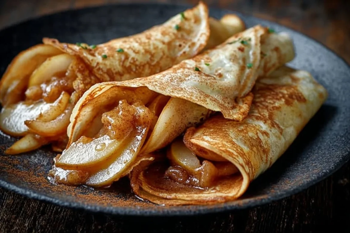Cinnamon crepes served with caramelised pears on a plate