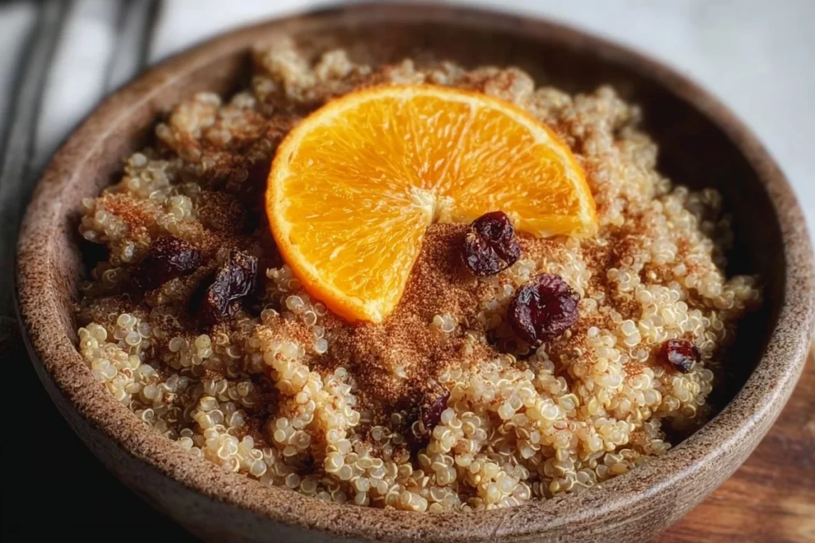 Bowl of Cinnamon Orange Quinoa topped with fresh oranges and a sprinkle of cinnamon.