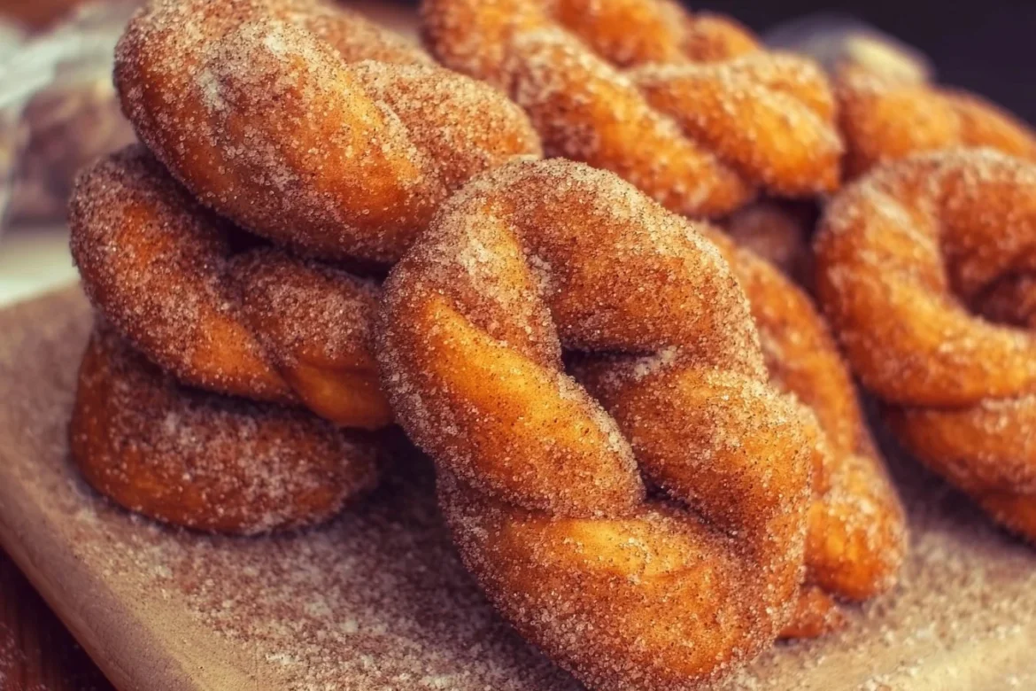 Freshly baked Cinnamon Sugar Twist Donuts dusted with sweet cinnamon sugar