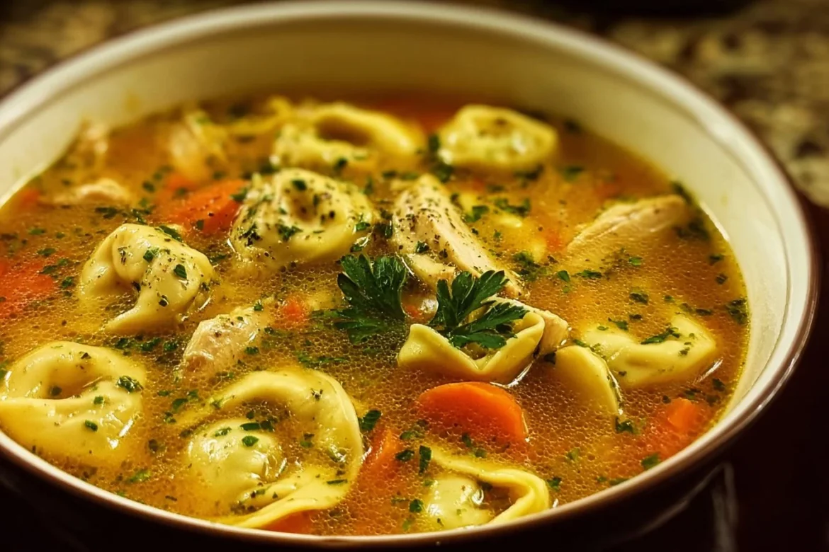 Bowl of Classic Chicken Tortellini Soup topped with herbs and spices