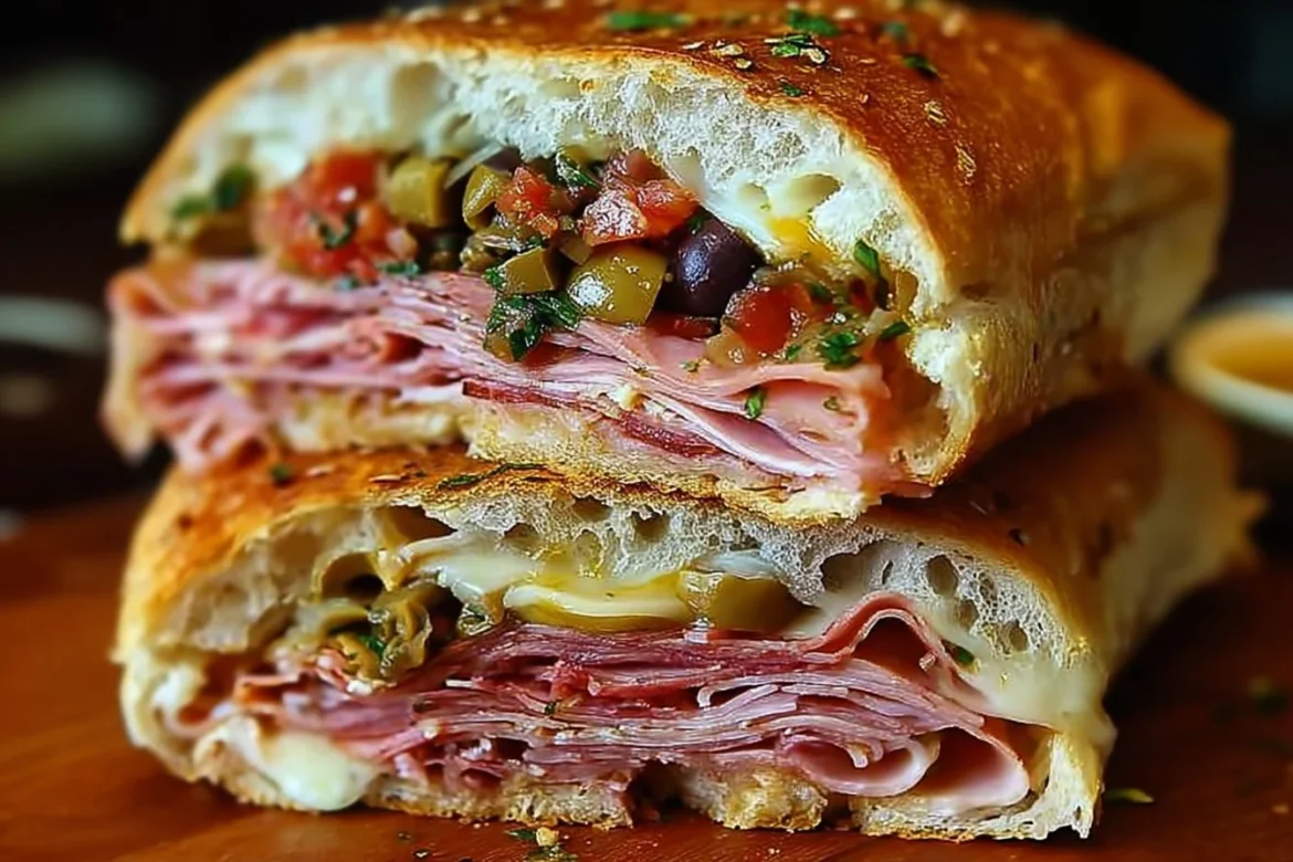 Classic Italian Muffuletta sandwich with layers of meats, cheeses, and olives