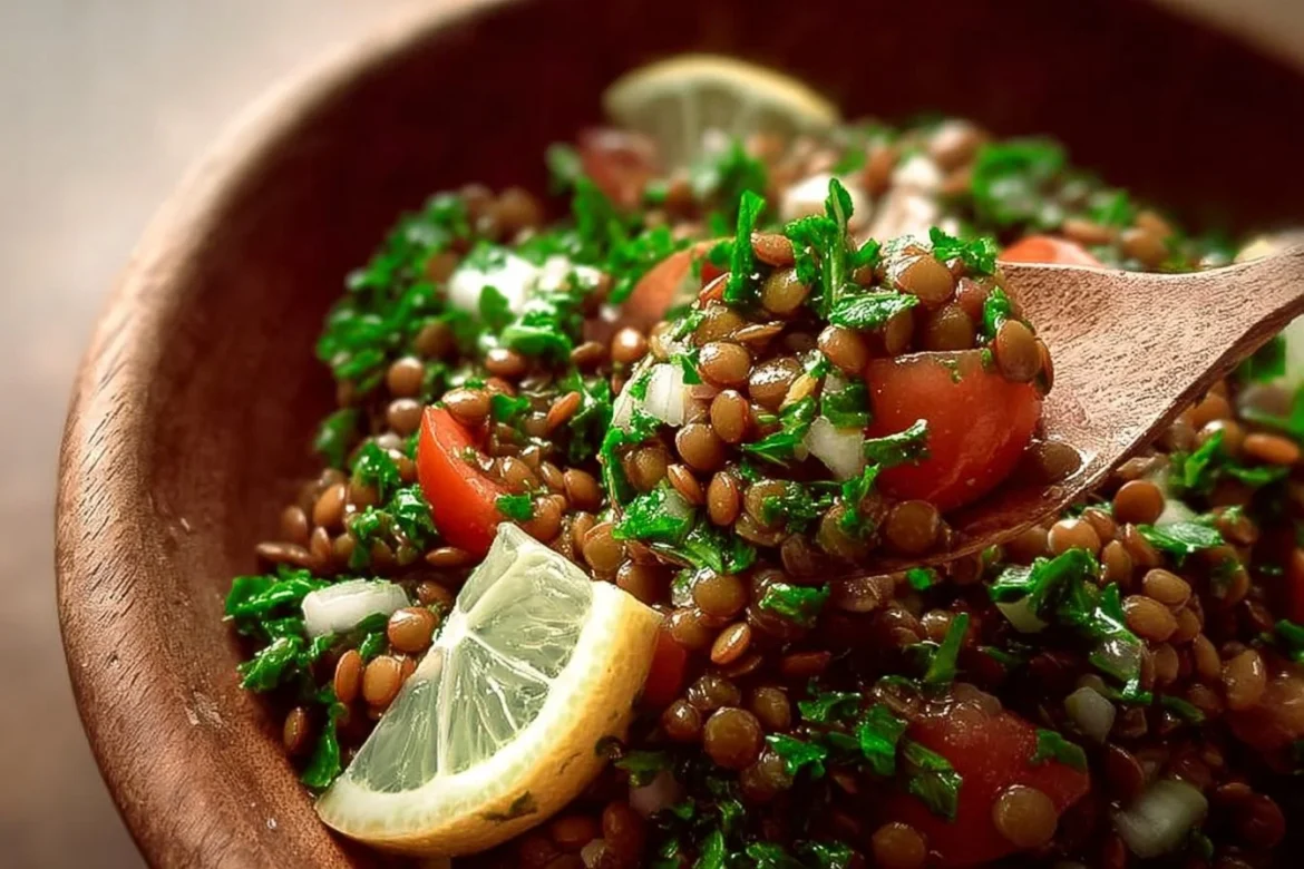 Classic Lebanese Lentil Salad with fresh vegetables and herbs
