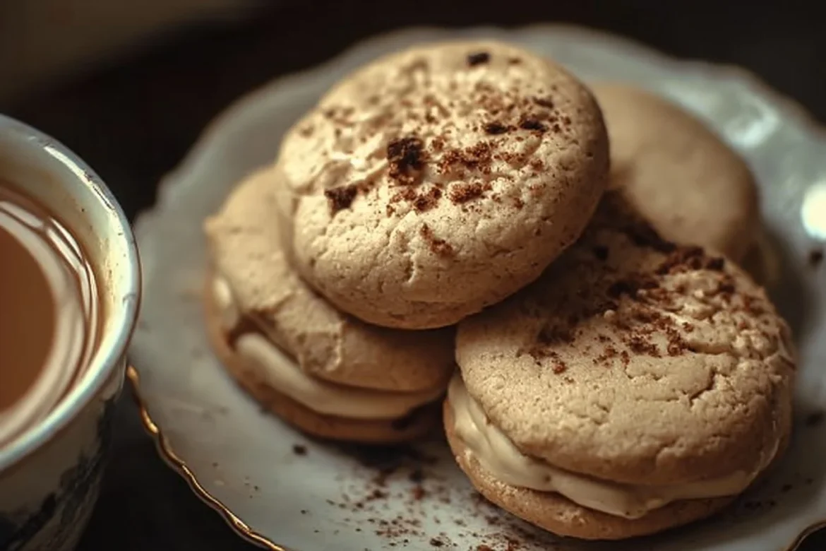 Delicious coffee cheesecake cookies on a plate with coffee beans