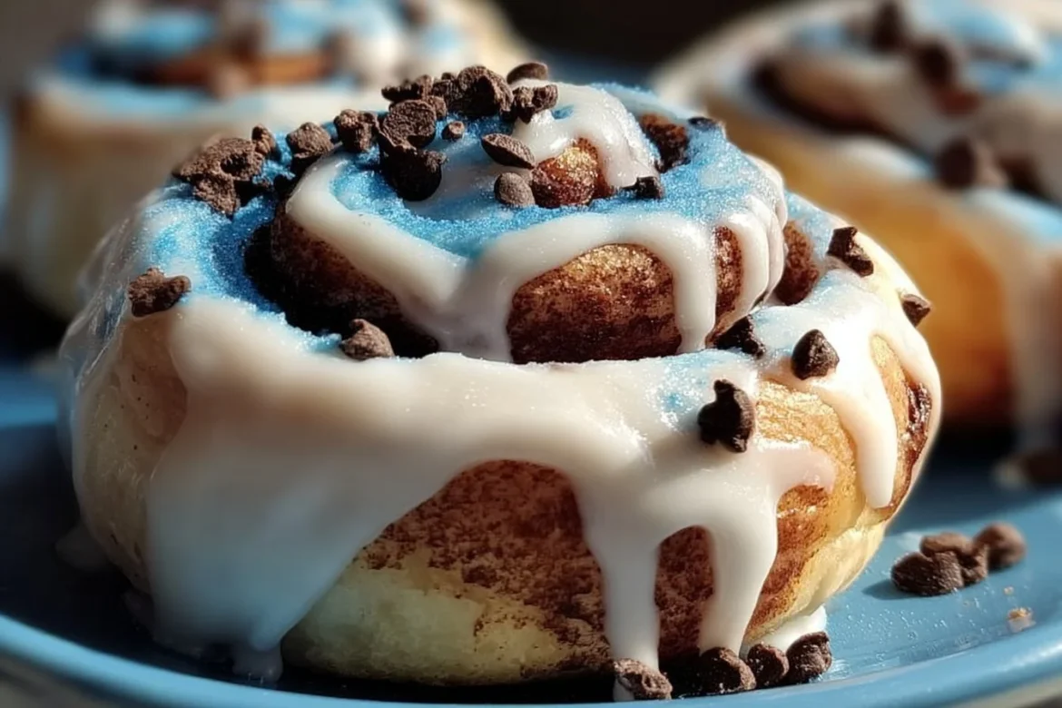 Cookie Monster cinnamon rolls topped with blue frosting and chocolate chips