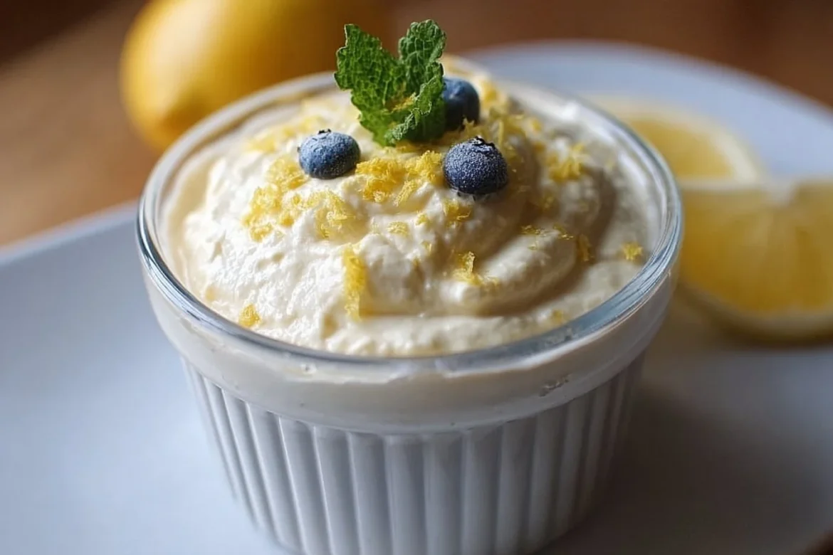 Delicious cottage cheese lemon mousse in a serving bowl