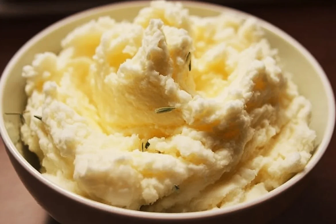 A bowl of creamy cottage cheese mashed potatoes topped with herbs