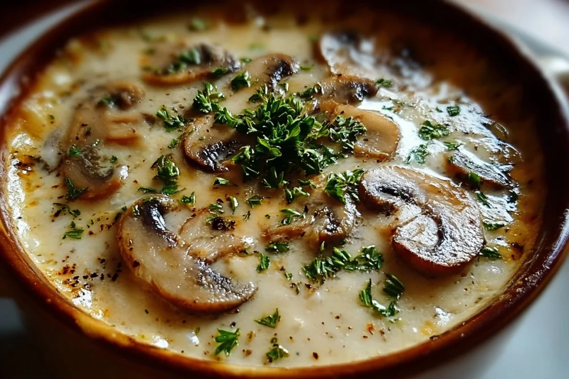 A bowl of creamy Cottage Cheese Mushroom Soup garnished with fresh mushrooms and herbs.