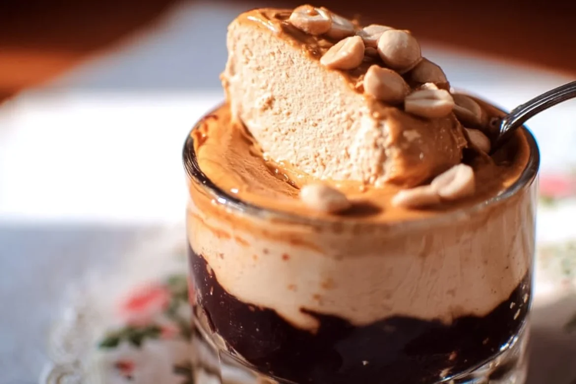 Creamy Cottage Cheese Peanut Butter Mousse topped with chocolate shavings