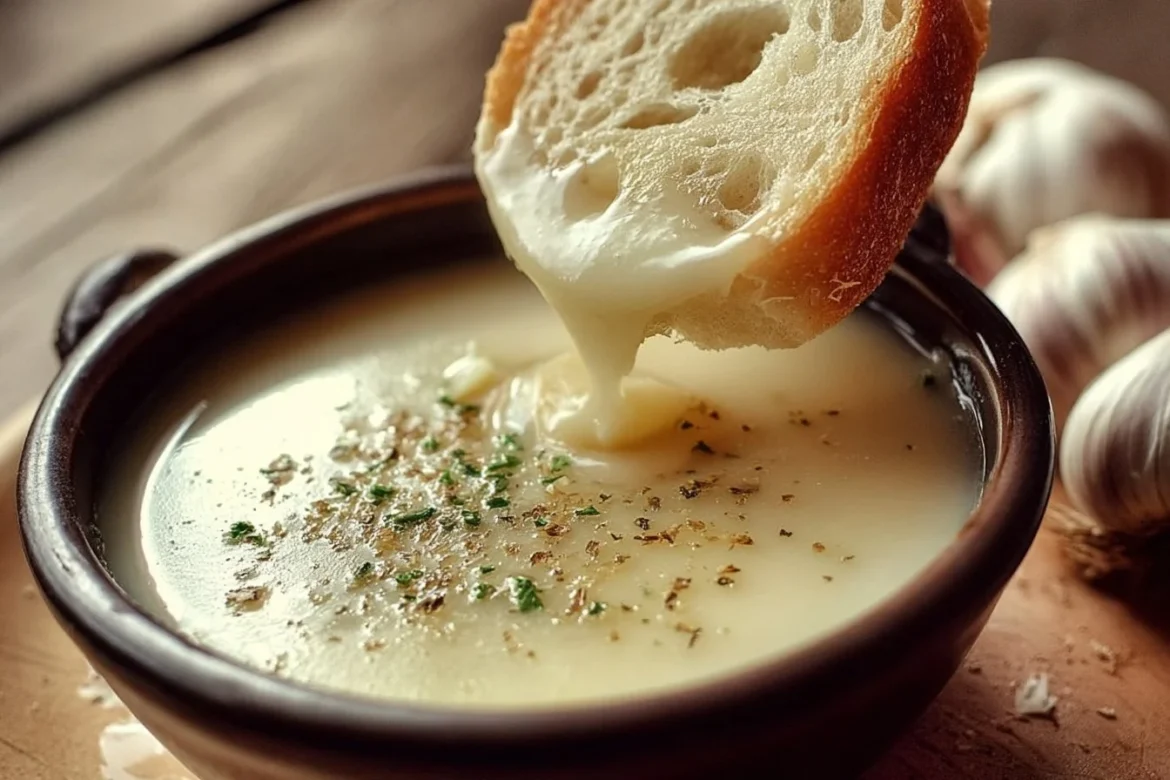 A bowl of Country French Garlic Soup garnished with herbs and served with crusty bread.