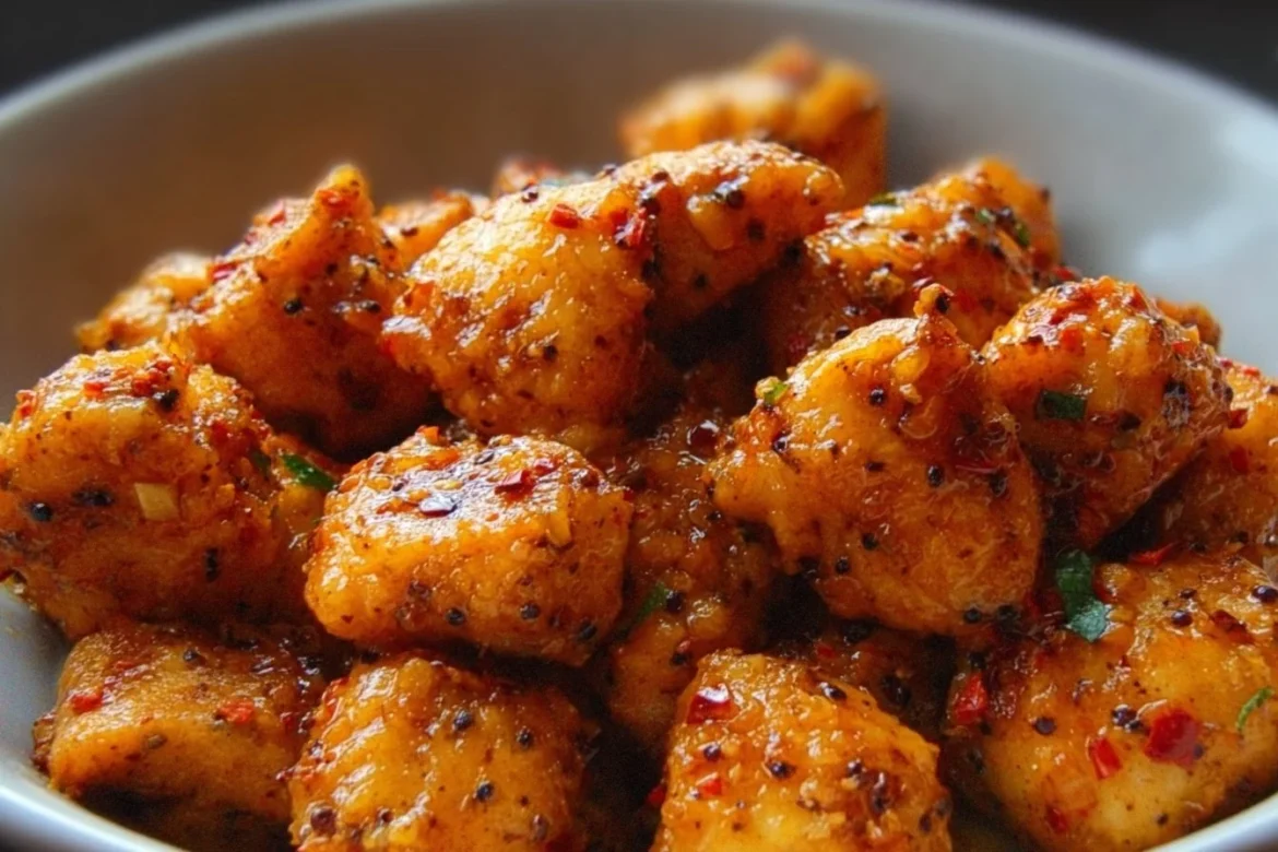 Plate of Cowboy Butter Chicken Bites garnished with herbs and spices