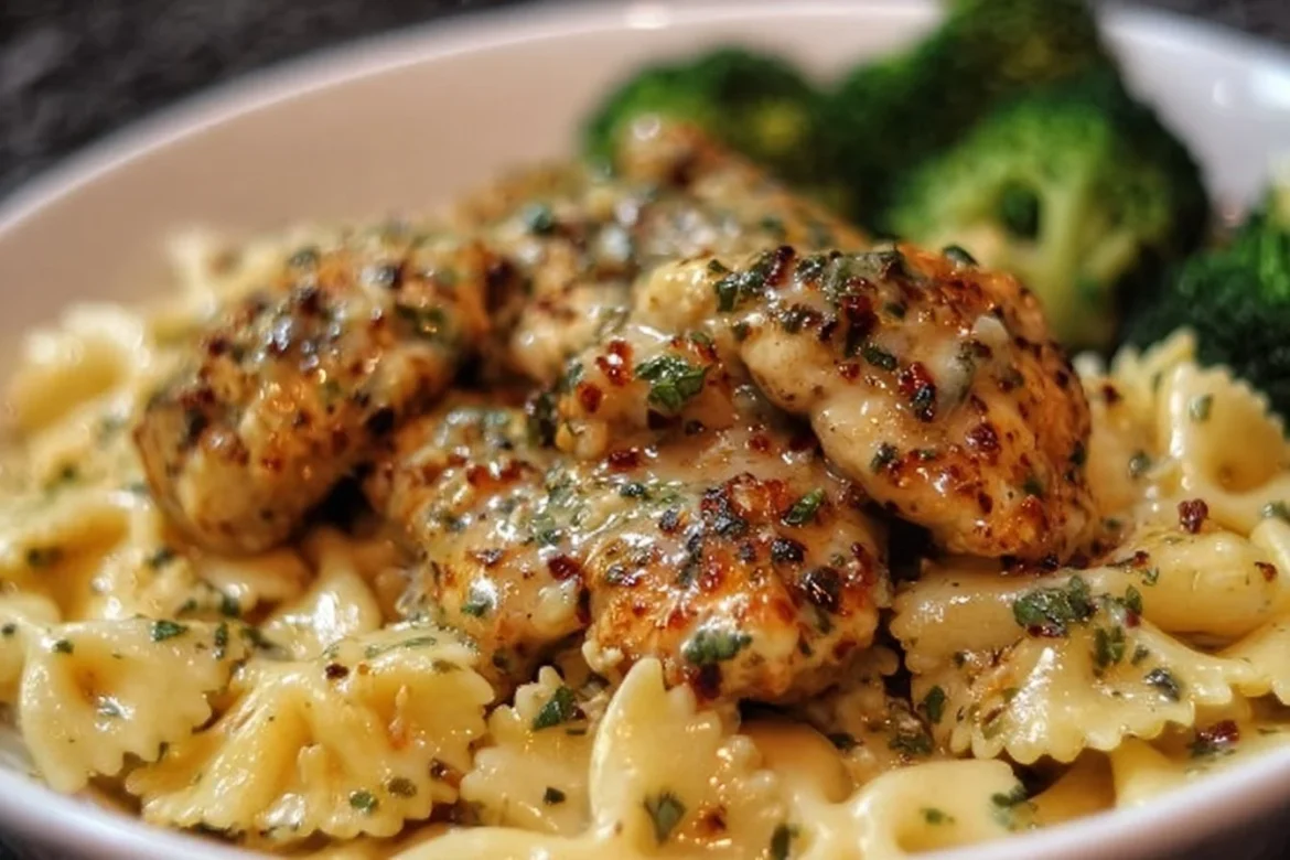 Cowboy Butter Lemon Bowtie Chicken with Broccoli Bliss served on a plate