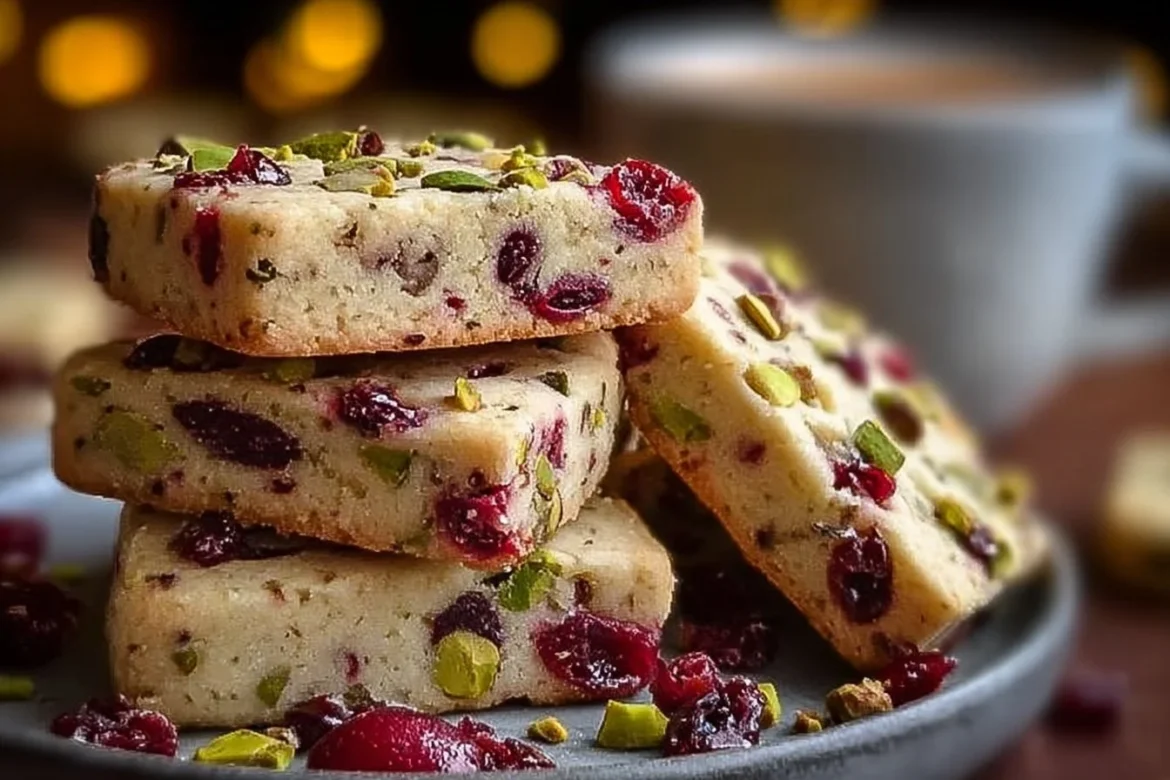 Plate of cranberry pistachio shortbread cookies decorated for the holidays