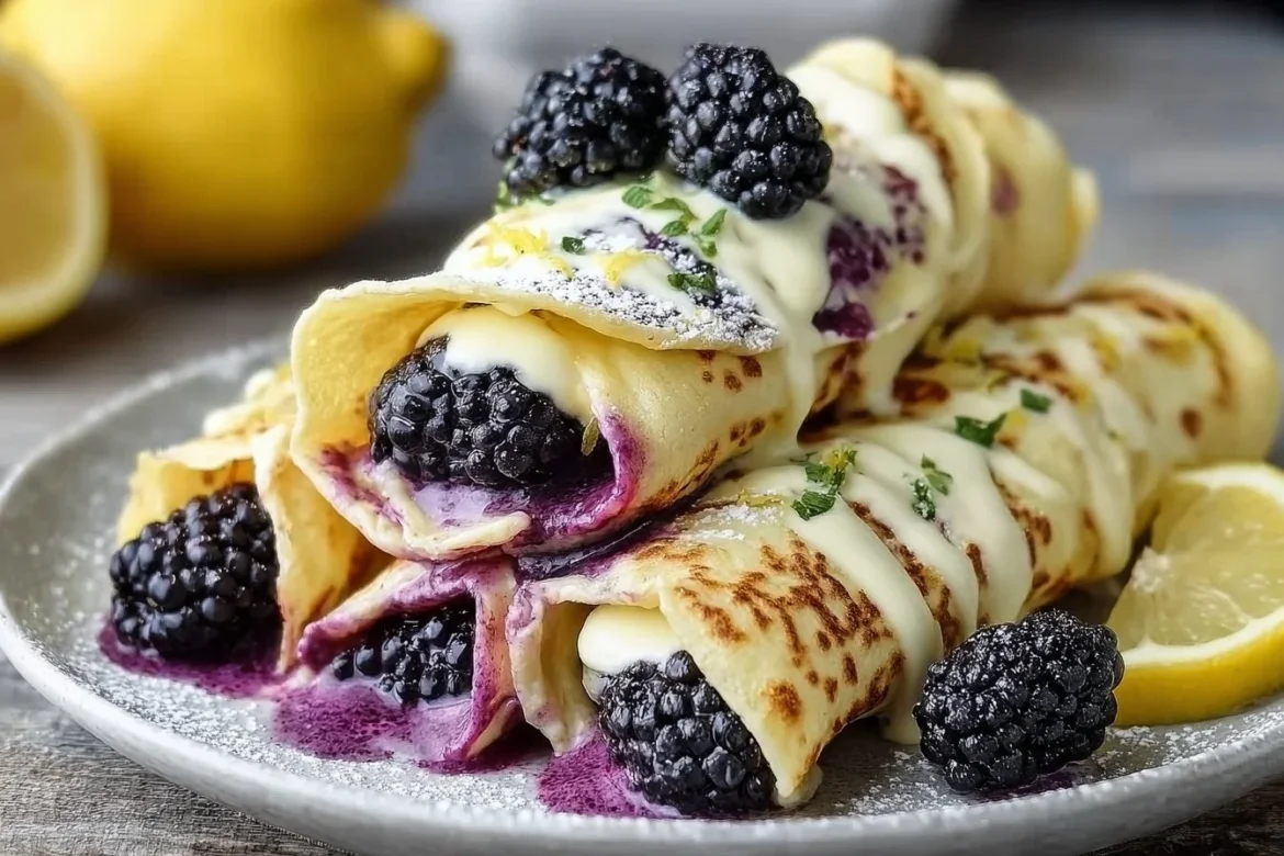 Cream cheese lemonade blackberry crepes served on a white plate garnished with berries.