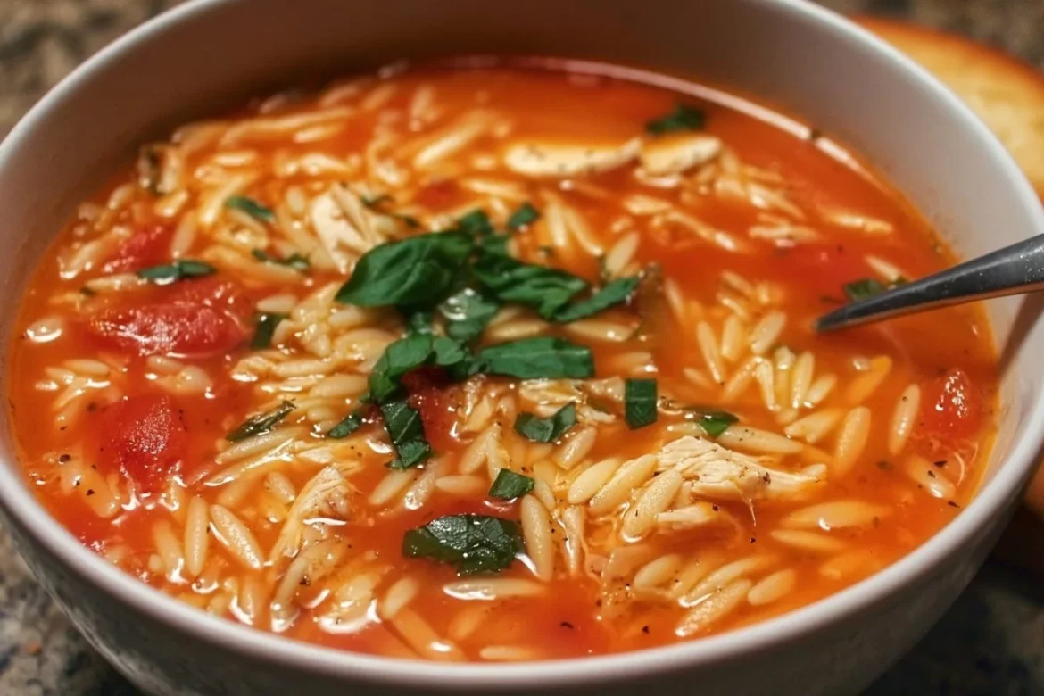 Creamy chicken orzo tomato soup served in a bowl with fresh herbs