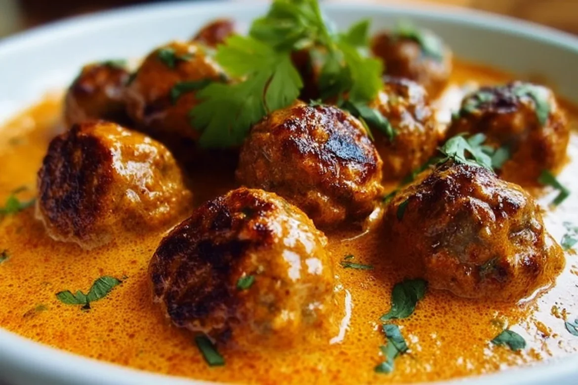 Delicious creamy coconut curry meatballs served in a vibrant sauce