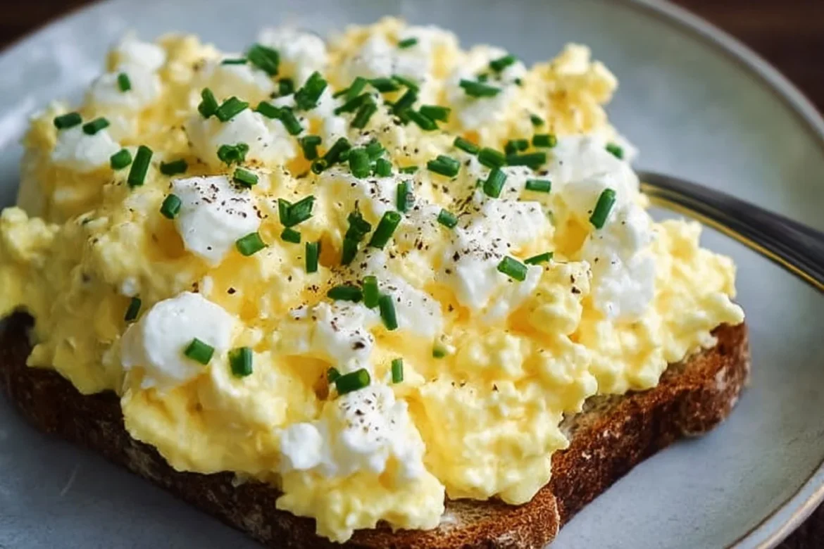 Creamy cottage cheese egg salad served in a bowl with fresh herbs