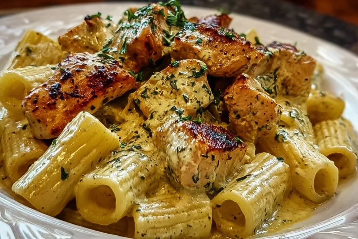 Creamy garlic butter chicken with rigatoni in a rich parmesan sauce
