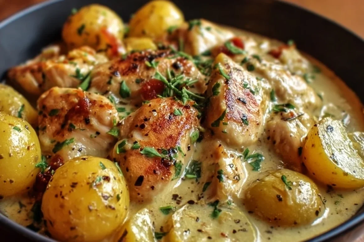 Creamy Garlic Chicken Potatoes dish served on a plate, garnished with herbs.