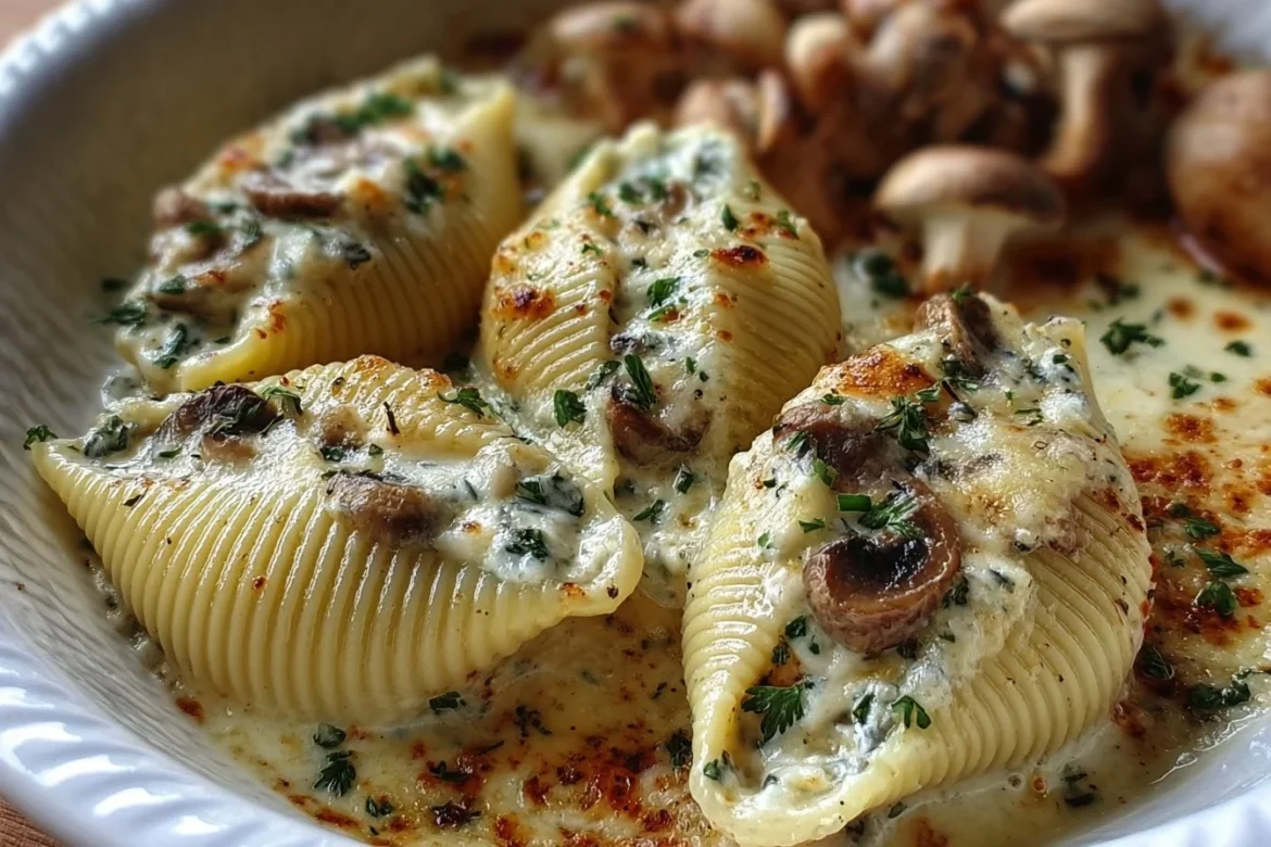Plate of creamy garlic mushroom stuffed shells with fresh herbs and cheese topping