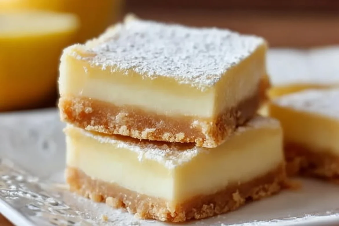 Delicious creamy lemon squares topped with powdered sugar on a white plate